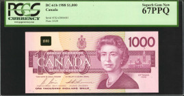 CANADA. Bank of Canada. 1000 Dollars, 1988. BC-61b. PCGS Currency Superb Gem New 67 PPQ.

Spectacular purple ink and a vignette Queen Elizabeth II s...