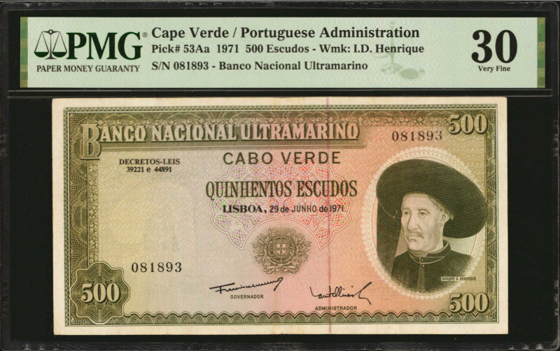 CAPE VERDE. Banco Nacional Ultramarino. 500 Escudos, 1971. P-53Aa. PMG Very Fine...