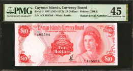 CAYMAN ISLANDS. Cayman Islands Currency Board. 10 Dollars, 1971 (ND 1972). P-3. Radar Serial Number. PMG Choice Extremely Fine 45.

Queen Elizabeth ...
