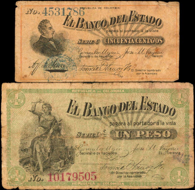 COLOMBIA. Lot of (2). El Banco del Estado. 50 Centavos & 1 Peso, 1900. P-503 & 5...