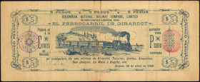 COLOMBIA. Colombia National Railway Company, Limited. 5 Pesos, 1900. P-Unlisted. Fine.

A Colombia Railway note for 5 Pesos. Margin tears, fold tear...