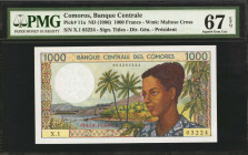 COMOROS. Banque Centrale des Comores. 1000 Francs, ND (1986). P-11a. PMG Superb Gem Uncirculated 67 EPQ.

Watermark of Maltese Cross.

Estimate: $...