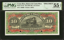 COSTA RICA. Banco de Costa Rica. 10 Colones, ND (1901-08). P-S174s. Specimen. PMG About Uncirculated 55 EPQ.

Estimate: $75.00 - $125.00