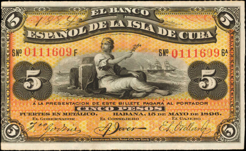 CUBA. Banco Espanol De La Isla De Cuba. 5 Pesos, 1896. P-48a. Extremely Fine.
...