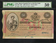 CUBA. Banco Espanol de la Isla de Cuba. 50 Pesos, 1896. P-50b. PMG About Uncirculated 50.

Red "Plata" overprint on back.

Estimate: $100.00 - $20...
