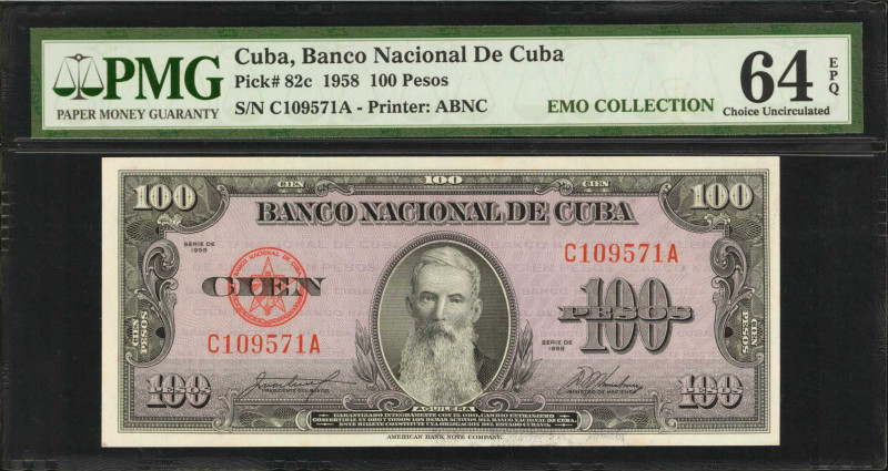 CUBA. Banco Nacional De Cuba. 100 Pesos, 1958. P-82c. PMG Choice Uncirculated 64...
