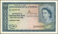 CYPRUS. Government of Cyprus. 250 Mils, 1957. P-33a. Very Fine.

An earlier date. A Very Fine condition offering of this QEII 250 Mils note.

Esti...