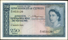 CYPRUS. Government of Cyprus. 250 Mils, 1960. P-33a. Choice Very Fine.

Scarce 1960 date. Watermark of eagle's head. A bright example of this 250 Mi...