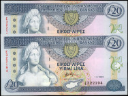 CYPRUS. Lot of (2). Central Bank of Cyprus. 20 Pounds, 1993. P-56b. Consecutive. About Uncirculated.

Aphrodite is depicted at left. On the reverse ...