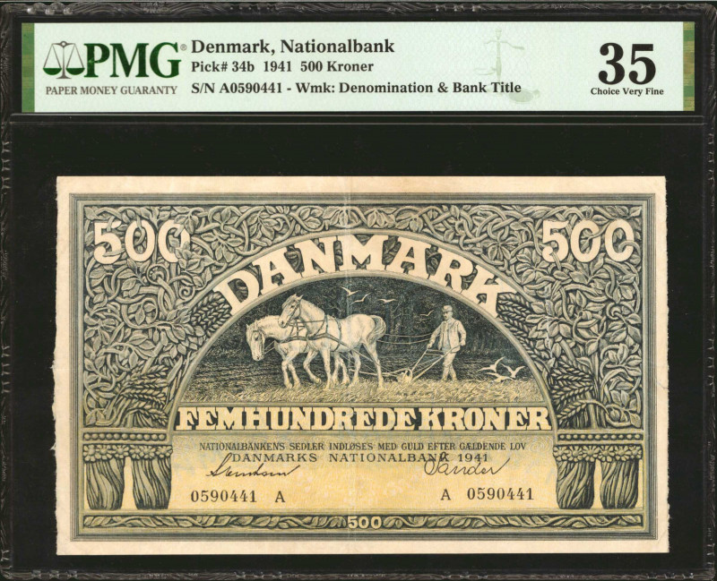 DENMARK. Danmarks Nationalbank. 500 Kroner, 1941. P-34b. PMG Choice Very Fine 35...