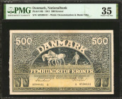 DENMARK. Danmarks Nationalbank. 500 Kroner, 1941. P-34b. PMG Choice Very Fine 35.

Farmer plowing with horses is depicted on the obverse with lianas...