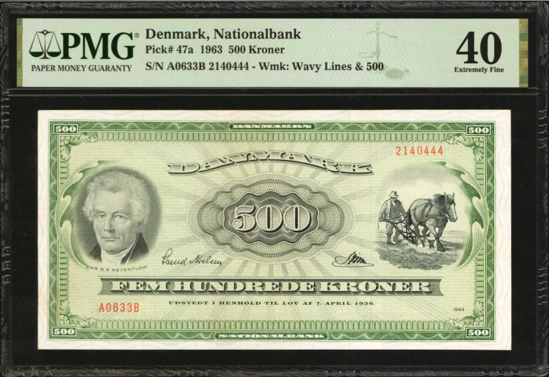 DENMARK. Danmarks Nationalbank. 500 Kroner, 1963. P-47a. PMG Extremely Fine 40....