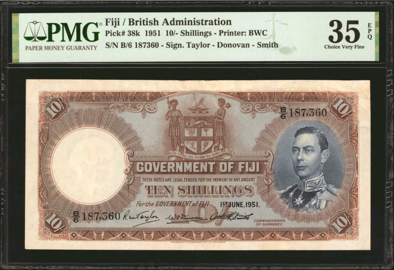 FIJI. British Administration. 10 Shillings, 1951. P-38k. PMG Choice Very Fine 35...