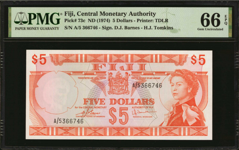 FIJI. Central Monetary Authority. 5 Dollars, ND (1974). P-73c. PMG Gem Uncircula...