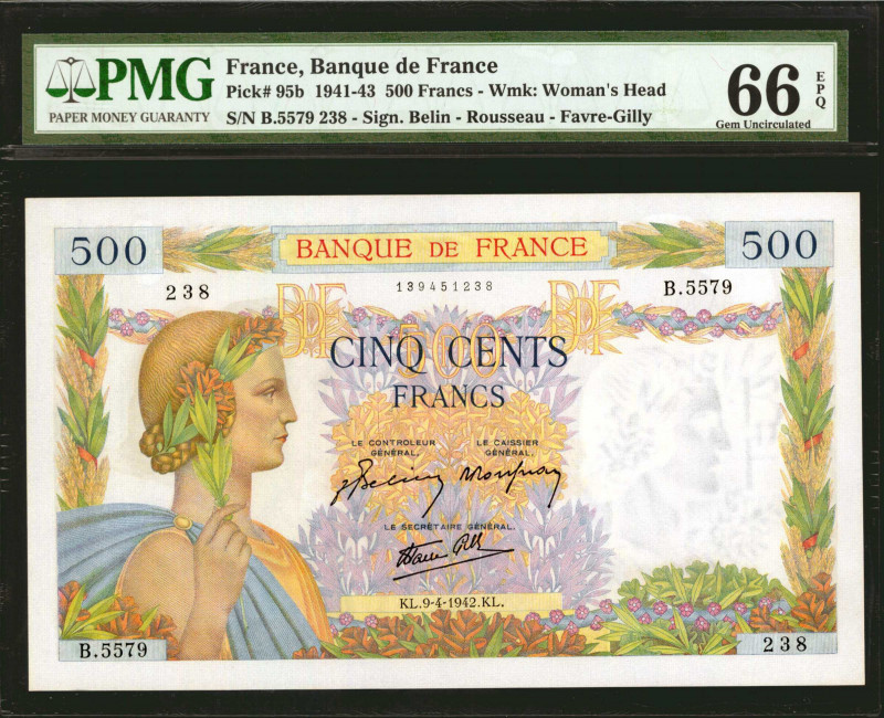 FRANCE. Banque de France. 500 Francs, 1941-43. P-95b. PMG Gem Uncirculated 66 EP...