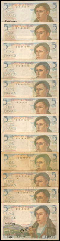 FRANCE. Lot of (12). Banque de France. 5 Francs, 1943. P-98a. Fine to Very Fine....