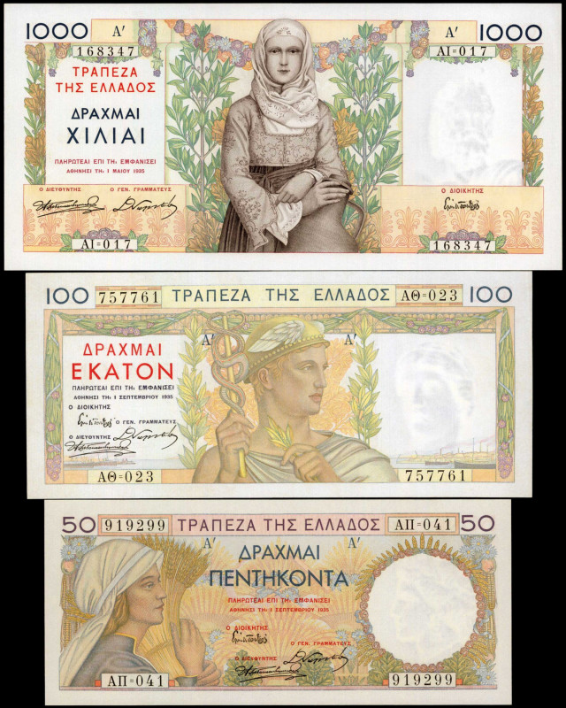 GREECE. Lot of (3). Trapeza tis Ellados. 50, 100 & 1000 Drachmai, 1935. P-104, 1...