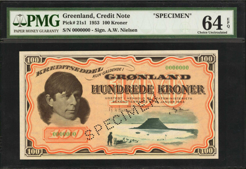 GREENLAND. Kreditseddel Kun Gaeldende I Gronland. 100 Kroner, 1953. P-21s1. Spec...