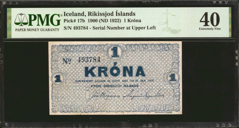 ICELAND. Lot of (5). Rikissjod Islands. 1 Krona, 1900-41 (ND 1922-43). P-17b, 18...