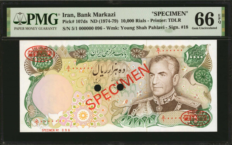 IRAN. Bank Markazi. 10,000 Rials, ND (1974-79). P-107ds. Specimen. PMG Gem Uncir...