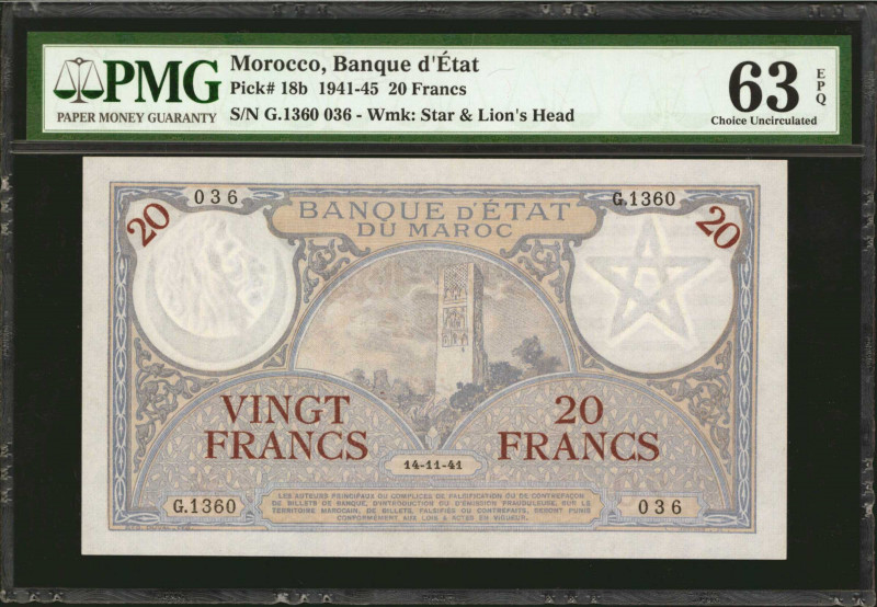 MOROCCO. Banque d'Etat du Maroc. 20 Francs, 1941-45. P-18b. PMG Choice Uncircula...