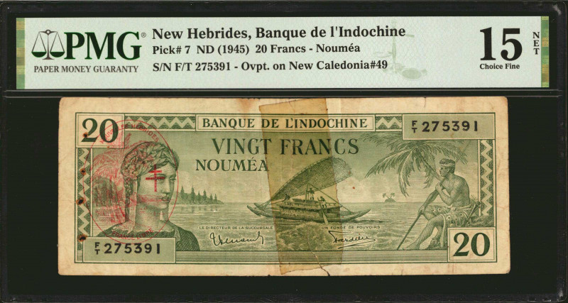 NEW HEBRIDES. Banque de L'Indochine. 20 Francs, ND (1945). P-7. PMG Choice Fine ...