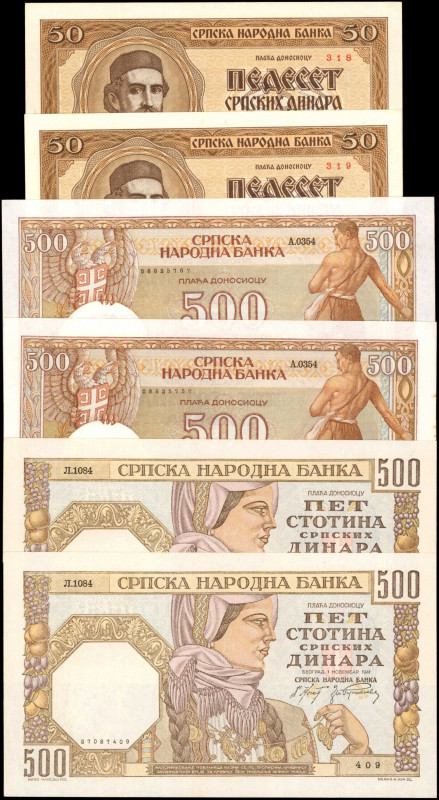 SERBIA. Lot of (6). Srpska Narodna Banka. 50 & 500 Dinara, 1941-42. P-27, 29 & 3...