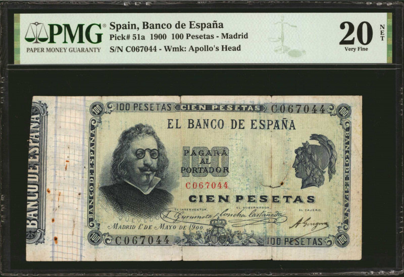 SPAIN. Banco de Espana. 100 Pesetas, 1900. P-51a. PMG Very Fine 20 Net. Tears, R...