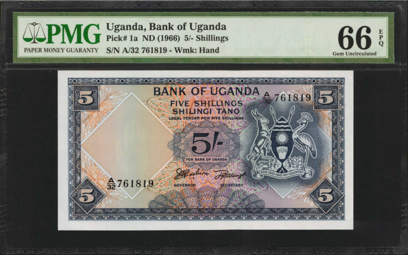 UGANDA. Bank of Uganda. 5 Shillings, ND (1966). P-1a. PMG Gem Uncirculated 66 EP...