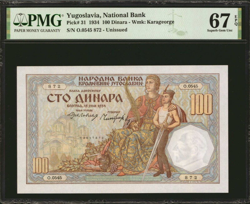 YUGOSLAVIA. Yugoslavia National Bank. 100 Dinara, 1934. P-31. PMG Superb Gem Unc...