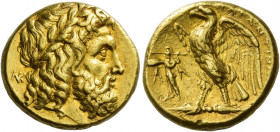 Calabria, Tarentum 
Stater after 272, AV 8.57 g. Laureate head of Zeus r.; behind, NK ligate. Rev. TARANTINΩ[N] Eagle standing l. on thunderbolt, wit...