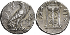 Croton 
Nomos circa 420-376, AR 6.61 g. Eagle standing r. on thunderbolt, head reverted; above, Φ – I, in r. field, herm holding phiale and caduceus....