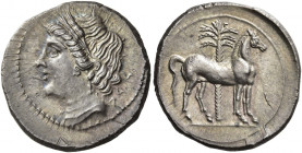 Locri Epizephiri 
Carthaginian occupation. Half shekel circa 215-205, AR 3.87 g. Head of Tanit-Demeter l., wearing wreath of grain ears, single-penda...