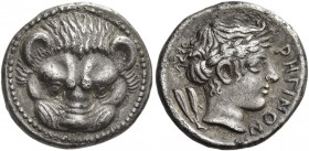 Rhegium 
Drachm circa 415-387, AR 3.93 g. Lion’s scalp facing. Rev. PHΓINON Laureate head of Apollo r.; in l. field, olive sprig. SNG ANS 665 (these ...