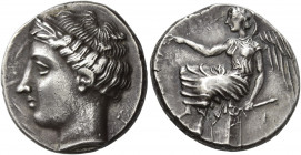 Terina 
Nomos circa 440-425, AR 7.79 g. Head of the nymph Terina l., hair tightly waved, ampyx decorated with olive-leaves. Rev. [TEPINAION] Nike sea...