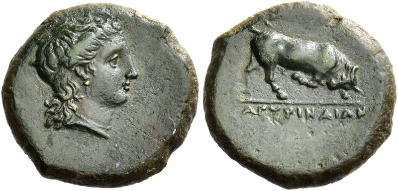Agyrium 
Bronze circa 343-317, Æ 2.36 g. Female head r. Rev. ΑΓΥΡΙΝΑΙΩΝ Bull bu...