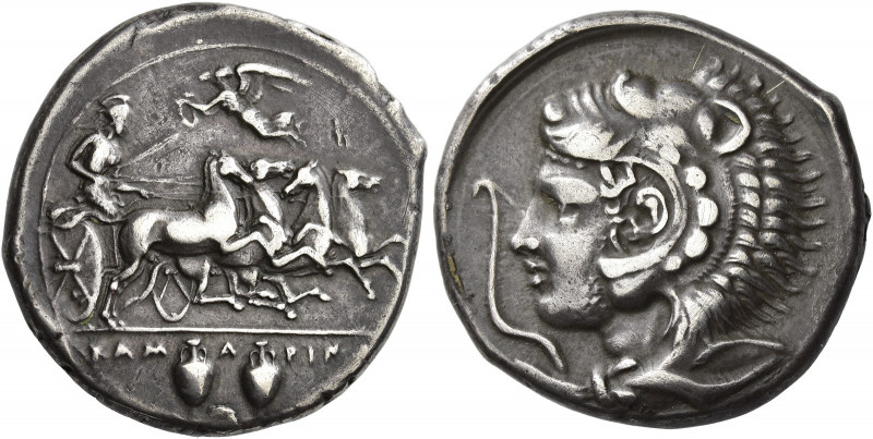 Camarina 
Tetradrachm circa 425-405, AR 17.17 g. KAM – A – PINA Athena driving ...