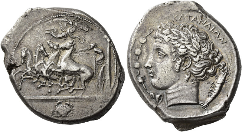 Catana 
Tetradrachm signed by Euainetos circa 410-405, AR 17.26 g. Fast quadrig...