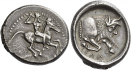 Gela 
Didrachm circa 490-485, AR 8.44 g. Naked horseman r., hurling javelin from upraised r. hand and holding reins in l. Rev. CEΛΑΣ Forepart of man-...