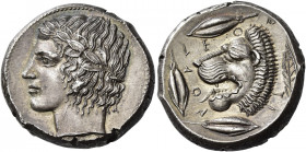Leontini 
Tetradrachm circa 430-425, AR 17.41 g. Laureate head of Apollo l. Rev. LEO – N – TI – NON Lion’s head l., with open jaws and protruding ton...