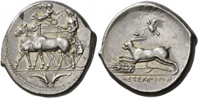 Messana 
Tetradrachm circa 412-408, AR 17.64 g. Biga of mules driven l. by charioteer, holding reins and kentron; in field above, Nike flying r. to c...