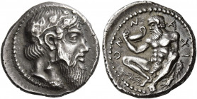 Naxos 
Drachm circa 461-430, AR 4.26 g. Bearded and ivy-wreathed head of Dionysus r. Rev. N – A – XI – ON Naked, bearded Silenus, with pointed ears, ...
