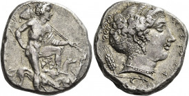 Segesta 
Tetradrachm circa 405-400, AR 16.29 g. EΓE ΣTAIΩN Aegestes, the city's founder, as hunter, standing r. with l. foot upon rock, r. hand resti...