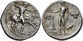 Selinus 
Didrachm circa 440, AR 8.66 g. Σ – Ε – Λ Ι – NO – TI – ON Heracles, naked, to r., pressing l. knee against Cretan bull and grasping r. horn ...