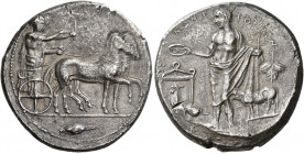 Selinus 
Tetradrachm circa 430-420, AR 17.04 g. Slow quadriga driven r. by Artemis, holding reins in both hands; beside her, Apollo shooting arrow fr...