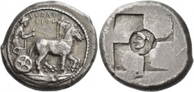 Syracuse 
Tetradrachm circa 510-490, AR 17.17 g. SVRA[koppa]O / ΣION Slow quadriga driven r. by clean-shaven charioteer, wearing long chiton and hold...