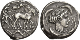 Syracuse 
Tetradrachm circa 450-440, AR 17.06 g. Slow quadriga driven r. by charioteer, holding reins; above, Nike flying r. to crown the horses. In ...