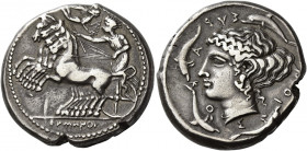 Syracuse 
Tetradrachm signed by Eumenos circa 425-413, AR 17.19 g. Prancing quadriga driven l. by charioteer holding kentron and reins; above, Nike f...