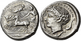 Syracuse 
Tetradrachm signed by Eu... circa 425-413, AR 17.17 g. Prancing quadriga driven l. by charioteer holding kentron and reins; above, Nike fly...