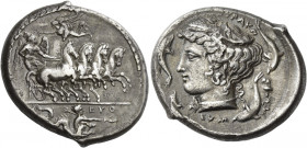 Syracuse 
Tetradrachm signed by Euth....and Eumenos circa 405-400, AR 16.43 g. Fast quadriga driven r. by naked and winged young god (Heros) holding ...